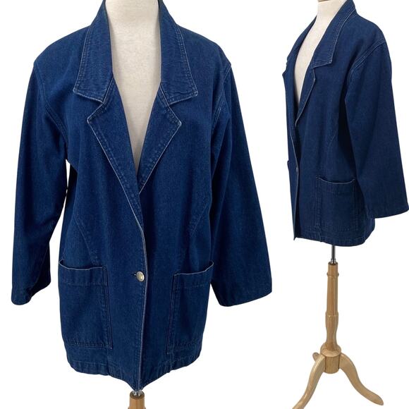 Vintage 80s Sundance Denim Jacket Longline Jean Blazer Dark Wash Blue Womens XL - Picture 1 of 9